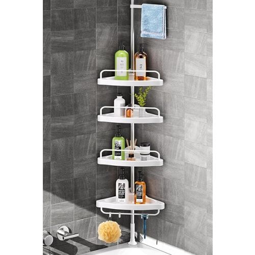 HAMITOR Corner Shower Caddy Tension Pole: Adjustable Stainless Steel Shower Organizer with 4 Tier Shelf for Bathroom Bathtub Tub Shampoo - Floor Standing Rack Bath Storage Holder with Rust Proof Rods