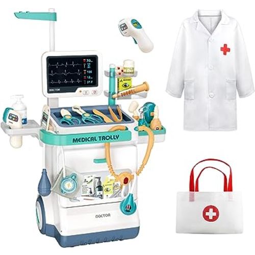 Deejoy Toy Doctor Kit for Kids, Pretend Medical Station Set for Boys & Girls, 28 Accessories Mobile Cart with Lights and Thermometer, Kids Doctor Kit for Toddlers 3-5 Years Old