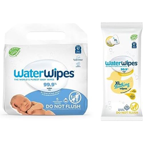 WaterWipes Bundle, Original 720 Count (12 packs) & XL Bathing Wipes 16  Count (1 pack), Plastic-Free, 99.9% Water Based Wipes, Unscented