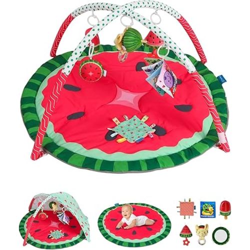 9-in-1 Watermelon Baby Play Gym Mat, Tummy Time & Activity Mat with Sunshade & 6 Sensory Toys, Non-Slip, Washable, 0-18 Months
