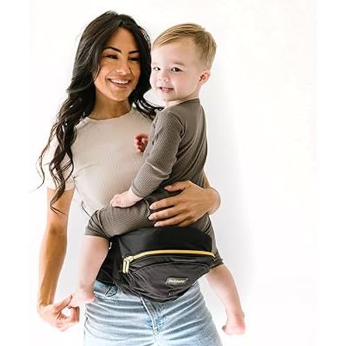 Tushbaby - Safety-Certified Hip Seat Baby Carrier - Mom’s Choice Award Winner, Seen on Shark Tank, Ergonomic Carrier & Extenders for Newborns & Toddlers (Carrier, Black/Gold)