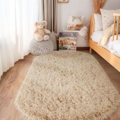 LOVEVOOK Soft Fluffy Oval Area Rug for Bedroom, Shaggy Beige Rugs for Bedside, Non-Slip Plush Carpet for Kids Room Nursery Living Room, 2.6x5.3 Feet