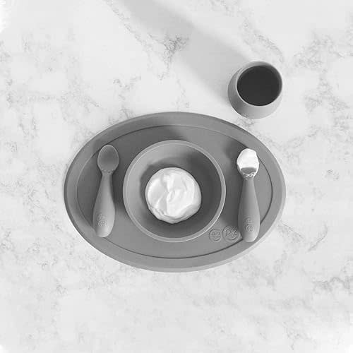 ezpz Tiny Collection Set (Gray) - 100% Silicone Cup, Spoon & Bowl with Built-in Placemat for First Foods + Baby Led Weaning + Purees - Designed by a Pediatric Feeding Specialist - 6 Months+