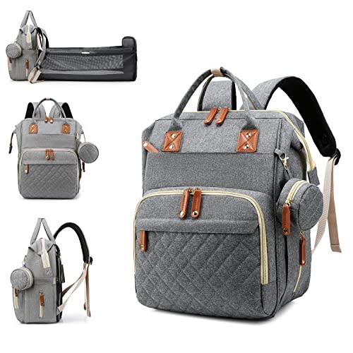Diaper Bag with Changing Station, Waterproof 3 in 1 Baby Diaper Backpack with Foldable Changing Pad, Large Travel Back Pack for Baby Girl Boy, Grey