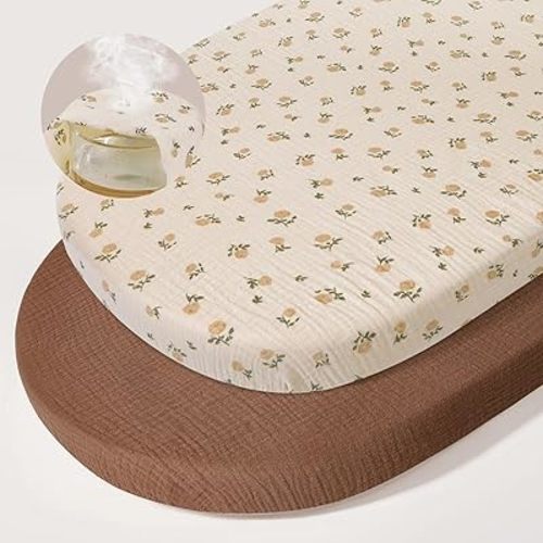 Basumee Muslin Bassinet Sheets for Baby Girl Boy 2 Pack Soft Breathable Baby Bedside Bassinet Fitted Sheets with Bottom Elastic Band 33''x17''x4'' Mattress Cover for Rectangle Oval Hourglass Bassinets