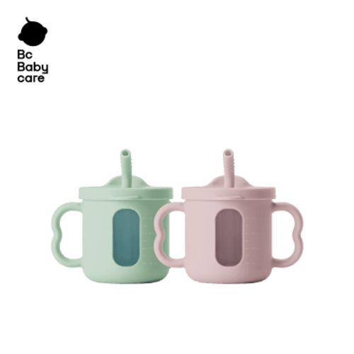 Bc Babycare Silicone Feeding Straw Cups, 7oz,Unisex,6- 36 Months,Pink and Green, 2pcs with Handles, Straw, and Lid