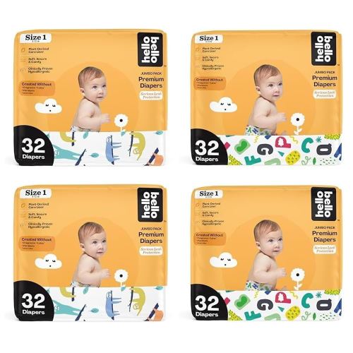 Hello Bello Premium Baby Diapers Size 1, 128 Count of Disposable, Extra-Absorbent, and Hypoallergenic Baby Diapers with Snug and Comfort Fit, Alphabet Soup (64) and Sleepy Sloth (64)