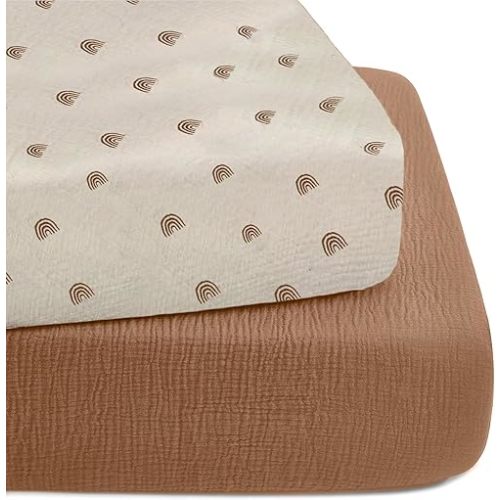 Muslin Crib Sheets 52"x28" - 2 Pack Cotton Fitted Crib Sheets for Boys & Girls - Baby Crib Sheets Neutral Sunset Design, Fits Standard Crib & Toddler Mattress