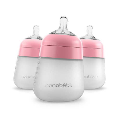 Flexy Silicone Baby Bottle Anti-Colic Nipple, Soft Body, Stable Base - Pink - 9oz/3pk