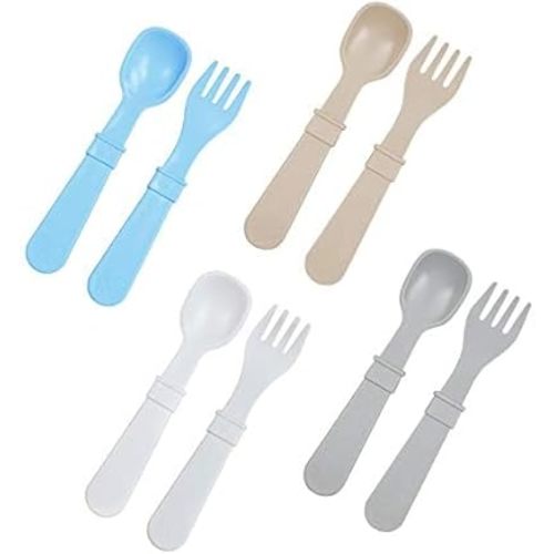 Re-Play Made in USA Toddler Forks and Spoons, Pack of 8 Without Carrying Case - 4 Kids Forks with Rounded Tips and 4 Deep Scoop Toddler Spoons - 0.2" Thick Toddler Utensils, Glacier