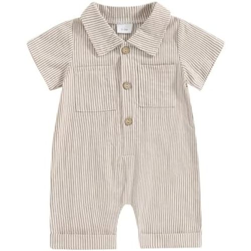 Baby Boy Vertical Striped Romper with Pockets One Piece Lapel Neck Short Sleeve Buttons Jumpsuit Spring Summer