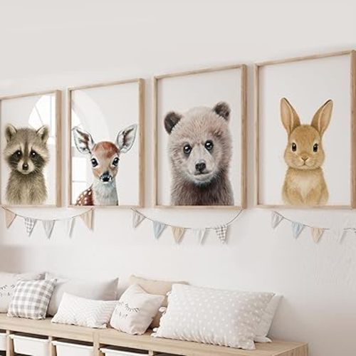 KIU DESIGNS Nursery Wall Art - Unframed Woodland Nursery Decor - Set of 4 Safari Wall Decor Gift for Baby - Woodland Portrait - 8"x10"
