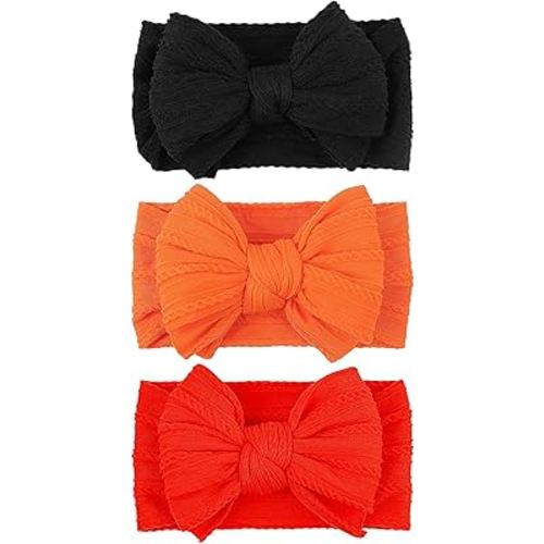 LemonSpce Handmade Halloween Thanksgiving Baby Bows for baby girls Stretchy Nylon Hair Bands Hair Accessories with Orange Headbands Bows for Newborn Baby Girls Infant Toddlers Kids Bow(Orange Black)