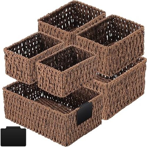 Marsui 6 Pcs Wicker Storage Baskets with Labels Handwoven Paper Rope Multi-size Brown Wicker Storage Bins for Organizing Small Baskets Container for Shelves Closet Pantry Toilet(Brown)
