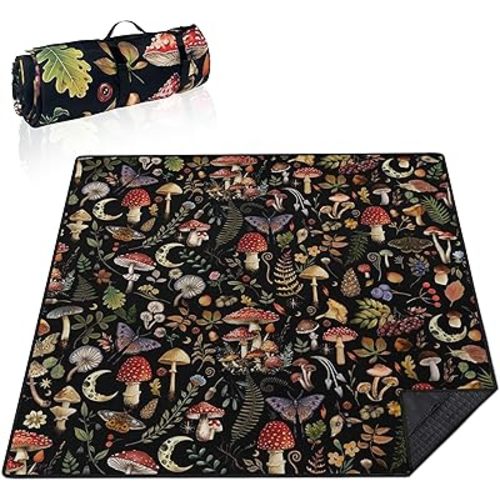 Extra Large Picnic Blankets Waterproof Foldable (80"x 80") Mushroom Beach Blanket Waterproof Sandproof,3-Layer Thicking Mat Outdoor Packable Camping Blanket
