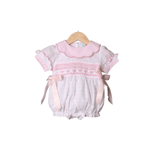 Smocked Heirloom White and Pink Swiss Dot Bow Bubble – The Smocked Flamingo