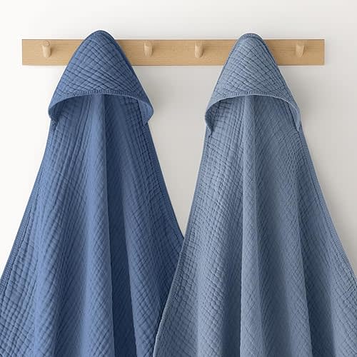 Looxii Baby Bath Towels 2 Pack Muslin Hooded Baby Towels for Newborn and Infants, 100% Cotton, Large 32x32Inch, Soft and Absorbent Gradient Blue