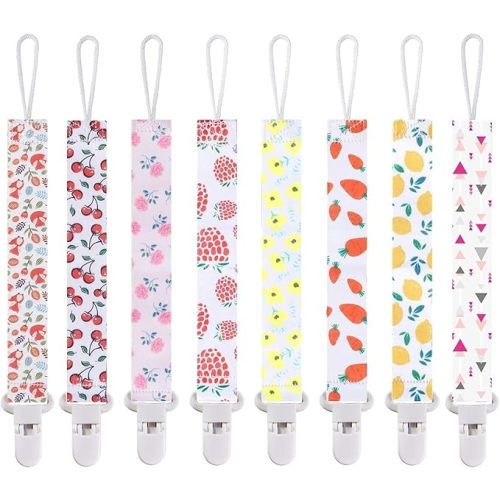 Smlpuame Pacifier Clip for Baby Boys Girl,8 Pack Stylish Binky Clips Strap,Paci Holder with Clips Universal Lightweight Fits Most Pacifiers Teeher Toy Teething Ring Soothie,Baby Gifts(Fruit & Flower)