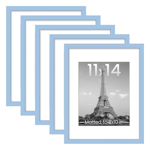upsimples 11x14 Picture Frame Set of 5, Display Pictures 8x10 with Mat or 11x14 Without, Wall Gallery Photo Frames, Blue