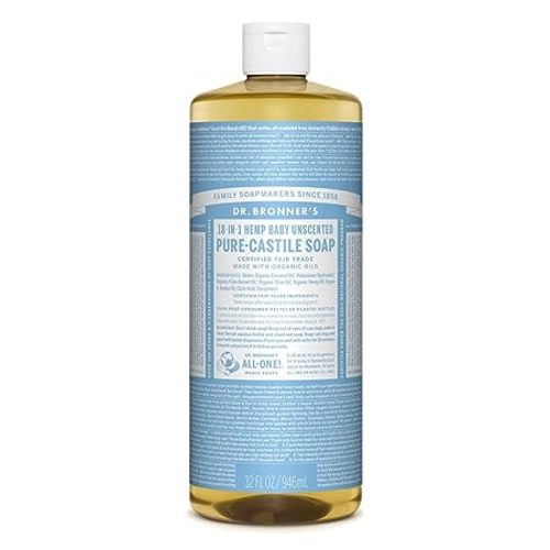 Dr. Bronner's - Pure-Castile Liquid Soap (Baby Unscented, 32 ounce, 2-Pack) - Made with Organic Oils, 18-in-1 Uses: Face, Hair, Laundry and Dishes, For Sensitive Skin and Babies, No Added Fragrance - 32 Fl Oz (Pack of 2)