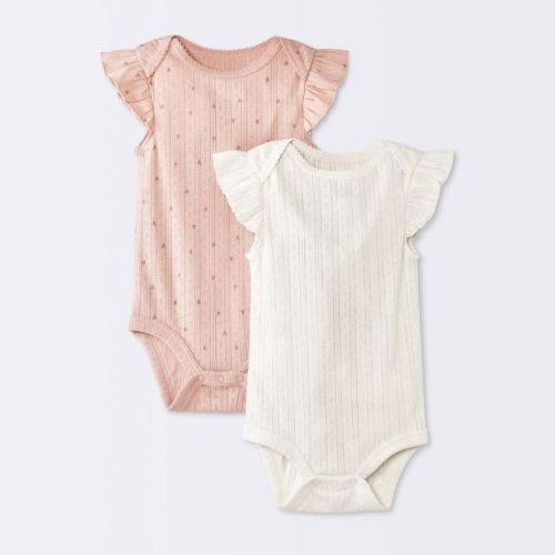 Baby Girls' 2pk Hearts Ruffle Sleeve Pointelle Bodysuit - Cloud Island™ Pink 0-3M