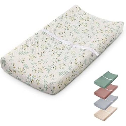 Blissful Diary Muslin Baby Changing Pad with Waterproof Lining Foam, Diaper Changing Table Pad with Cover for Dressers (Botanical Leaf, Rectangular)