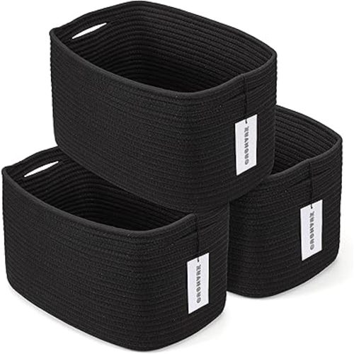 Cotton Rope storage Basket Bins Woven Basket for Organizing Shelves Rectangle Decorative Baskets For storage Clothes Toys Books Towels Square Wicker Nursery basket organizer 3 pack black