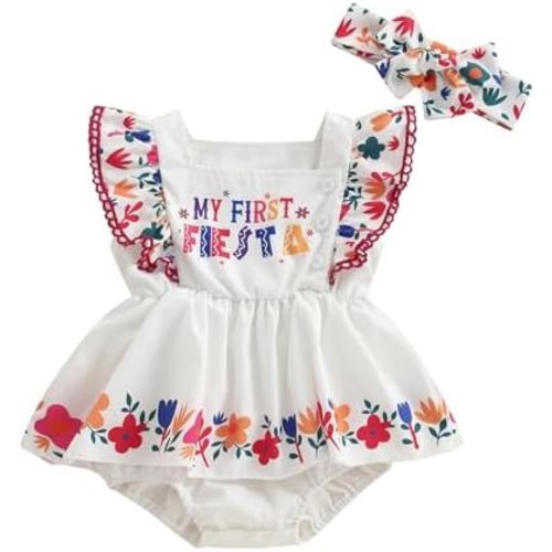Newborn Girl Summer Clothes Cinco De Mayo My First Fiesta Outfit Flower Print Ruffle Sleeveless Romper Dress