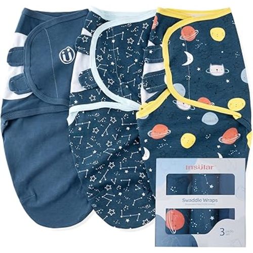 insular Swaddle Blanket, Baby Swaddle Wrap for Newborn and Infant, Adjustable Swaddle Set for Boy and Girl, Soft Cotton Baby Sleep Sack 3 Pack Medium(3-6 Month), Space