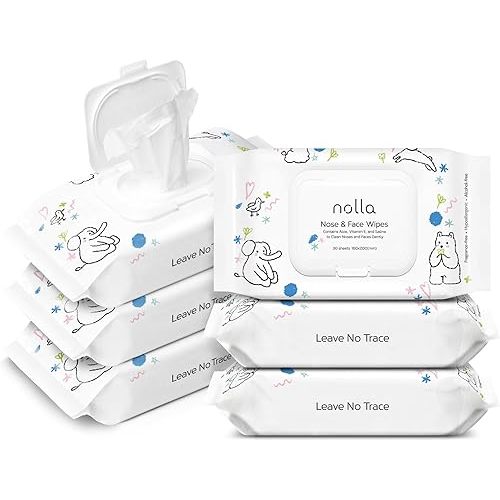 Nolla Baby Nose and Face Wipes with Saline, Vitamin E, & Aloe | Unscented | Compostable, 180 Count (6 Packs of 30)
