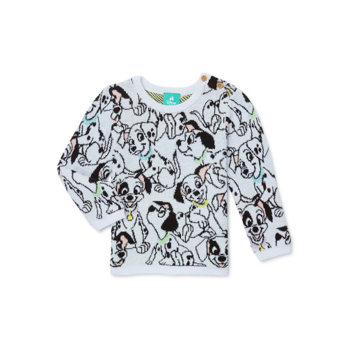 Disney Classics 101 Dalmations All Over Jacquard Knit Crew Sweater with Buttons at Shoulder, Sizes 0/3M - 24M
