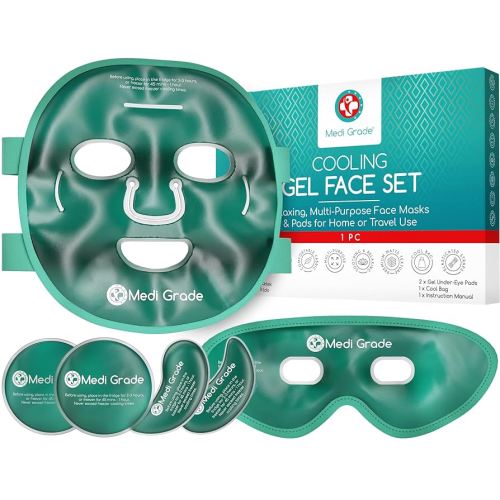 Medi Grade Cooling Ice Face Mask and Cooling Eye Mask for Puffy Eyes & Migraine Relief - Self Care Face Ice Pack with ChillGel Face Ice Mask Technology - Cooling Face Mask, Eye Pads and Bag