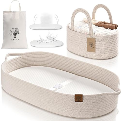 Baby Changing Basket Includes Diaper Caddy - Soft & Waterproof Dual-Cover, Portable, Changing Pad for Dresser & Changing Table, Gift for Baby Shower, Organic Cotton Rope