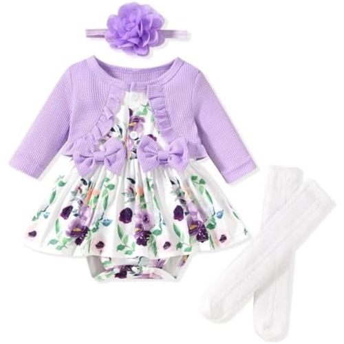 Unutiylo Vestido de otoño e invierno para bebé niña, estampado floral, manga larga, mameluco con diadema