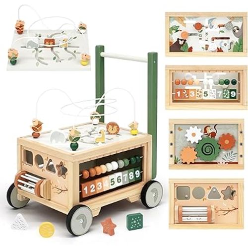Joyreal Wooden Baby Walker - 9-in-1 Baby Push Walker with Activity Cube, Push Activity Walker for Boys and Girls, Sit-to-Stand Learning Walker Activity Center, Speed & Height Adjustable
