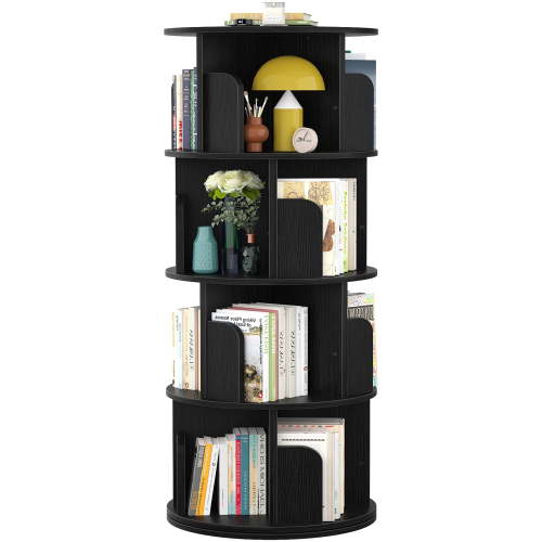 Homieasy Rotating Bookshelf, 360 Display Corner Bookshelf for Small Space, 4 Tier Floor Standing Bookcase Storage Rack, Wood Narrow Book Shelf Organizer for Bedroom, Living Room, Study Room, Black