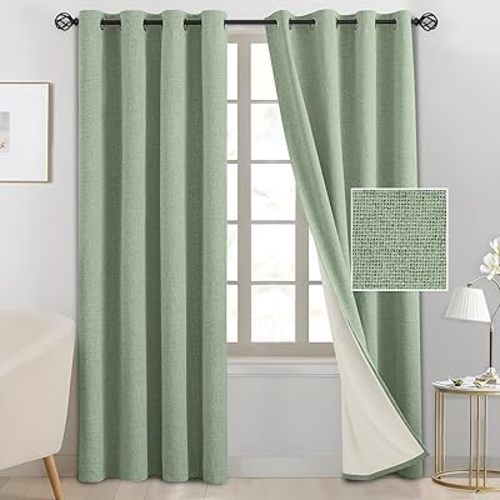 SimpleHome 100% Blackout Light Sage Green Linen Curtains 84 Inch Long 2 Panel Set,Faux Linen Textured for Living Room with White Liner Grommet Curtains for Bedroom