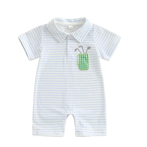Dewadbow Baby Boy Summer Outfit Short Sleeve Embroidery Polo Romper Lapel Button Striped Bodysuit Jumpsuit Clothes