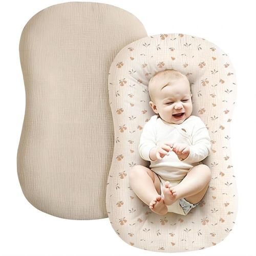 Konssy Muslin Baby Lounger Cover 2 Pack, 100% Cotton Newborn Lounger Cover, Soft and Breathable Lounger Slipcover for Boys Girls, Covers Only (Summer Wheat, Pear)