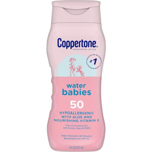 Coppertone WaterBabies Baby Sunscreen Lotion SPF 50, Hypoallergenic Sunscreen for Babies, Water Resistant, Pediatrician Recommended, 8 Fl Oz Bottle