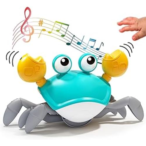Deejoy Green Crawling Crab Toys with Light Up, Interactive Musical Toy with Automatically Avoid Obstacles, USB Rechargeable, Fun Moving Toy for Babies, Toddlers and Kids