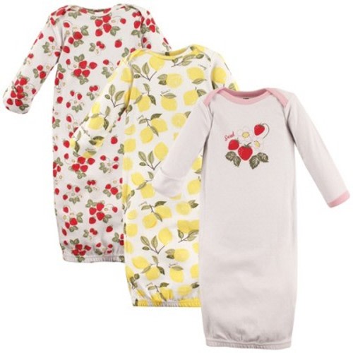 Hudson Baby Infant Girl Cotton Long-Sleeve Gowns 3pk, Strawberry Lemon, 0-6 Months, Size: preemie/newborn