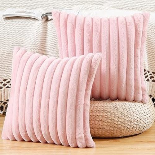 MADIZZ Set of 2 Faux Wool Plush Decorative Throw Pillow Covers 24x24 Inch Pink Fluffy Striped Soft Decorative Cushion Cover for Sofa Bedroom Pillow Shell