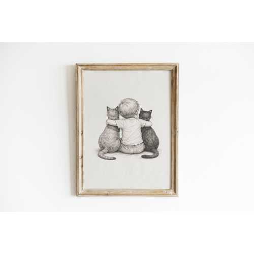 Baby Boy with Two Cats Rolled Poster | Vintage Nursery Art