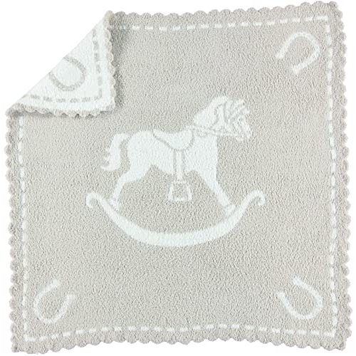 Barefoot Dreams CozyChic Scalloped Baby Receiving Blanket - Stone & Rocking Horse,Stone & White,30x32,CozyChic Scalloped Receiving Blanket