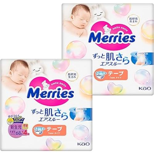 Merries Infant Diapers for Newborns, 2 PKS of 68+4 Count (144 Count), Ultra-Soft, Breathable, Parallel Import Product, Made in Japan