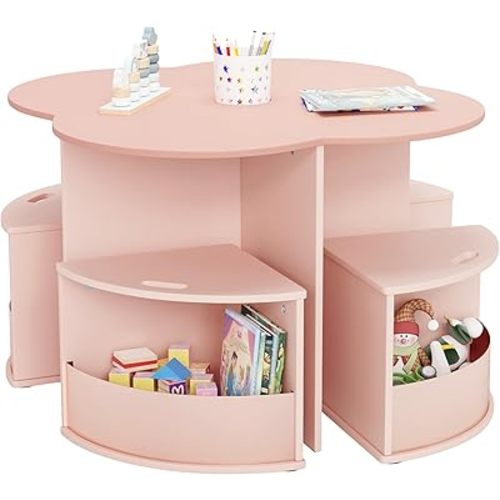 Toddler Table and Chair Set with 4 Storage Stools, Flower Shaped Nesting Design with Built-in Pen Holder, Kids Table for Activity/Play/Art/Read/Craft, Pink
