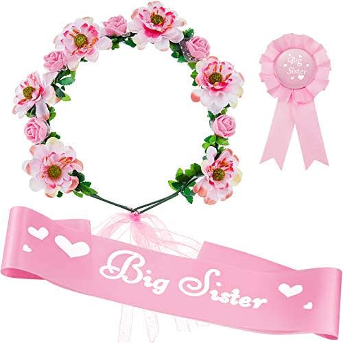 WILLBOND 3 Pcs Big Sister Accessory Set Big Sister Flower Crown Satin Sash Pin Gifts for Baby Shower Party