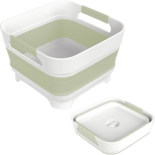2.4 Gal Collapsbile Wash Basin with Drian Plug,9L Dish Pan for Soaking Baby Bottles,Portable Sink, Multiuse Foldable Bucket,Ice Beverage Tubs for Camping, Vegetable Washing, RV (Green)