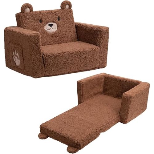ALIMORDEN 2-in-1 Flip Out Cuddly Sherpa Toddler Couch, Convertible Sofa to Lounger, Bear